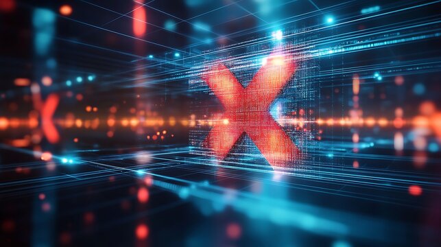 A red cross symbol is rendered in a digital space, representing a concept of error, cancel, or denial.