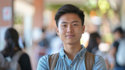 A backdrop of diverse colors illuminates an Asian student's introspective expression, marking his educational achievements