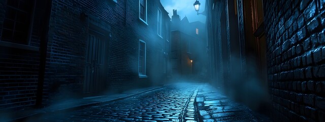 A street in the Victorian era of London, a dark and sinister alleyway at night, cobblestone streets with brick buildings