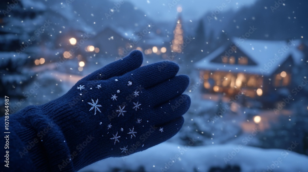Aufkleber a warm-looking glove extends into a snowy evening, while delicate snowflakes drift down. soft lights