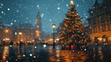 Naklejka premium Festive christmas market at night with a decorated tree and snowy atmosphere