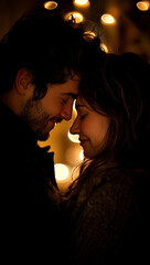 romantic couple sharing tender moment, surrounded by soft lights, showcasing love and connection. Their foreheads touch, creating intimate atmosphere