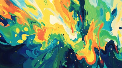 An explosion bright greens, blues, and yellows in a lively and energetic background with fluid shapes.