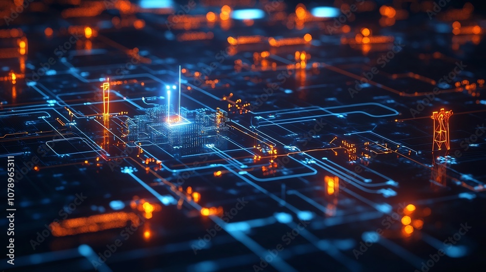 Poster futuristic smart grid interface with interactive 3d power network visualization