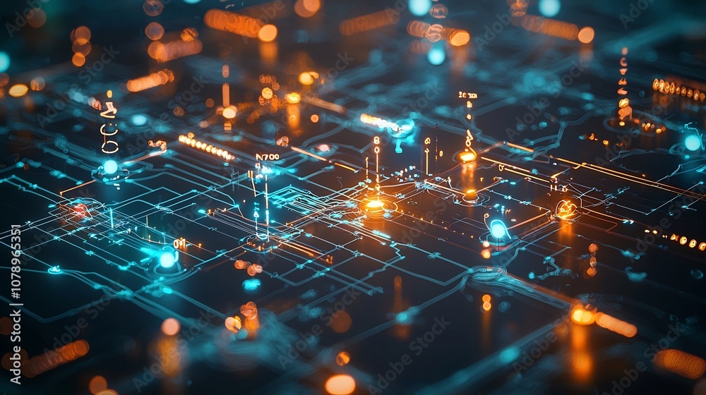 Poster futuristic smart grid interface with glowing 3d network map and energy data visualization