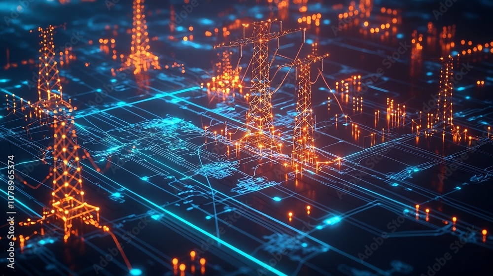 Poster Futuristic Smart Grid Interface Displaying Interactive 3D Power Network Analytics