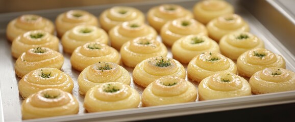 Closeup of Freshly Baked Doughnuts in a Baking Sheet
