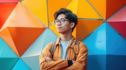 A backdrop of diverse colors illuminates an Asian student's introspective expression, marking his educational achievements