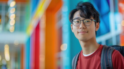 A backdrop of diverse colors illuminates an Asian student's introspective expression, marking his educational achievements