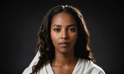A young woman with long, dark hair looks directly at the camera while standing in front of a black backdrop