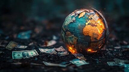Burning Globe of Crumbling Banknotes Symbolizing Global Economic Crisis and Collapse