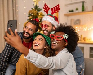 Christmas, party and friends taking a selfie on a phone together with goofy, funny and silly props. Diversity, festive and happy people taking picture on a smartphone at festive xmas event at a home. - Powered by Adobe