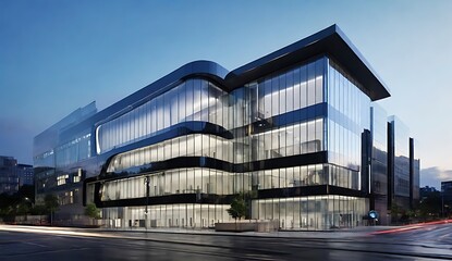 Modern Glass and Steel Office Building at Dusk