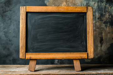 Close up of a blank black chalkboard with a wooden frame displayed on a rustic wooden surface in a dimly lit environment