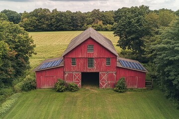 Obraz premium Aerial View of Large-Scale Solar Panel Installation on Barns and Farm Buildings in Rural USA – Sustainable Energy for Agriculture