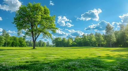 Lush Green Meadow with a Lone Tree Under a Blue Sky..