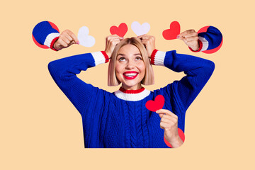 Composite photo collage of happy girl hold heart postcard valentine celebration holiday photo zone romance isolated on painted background