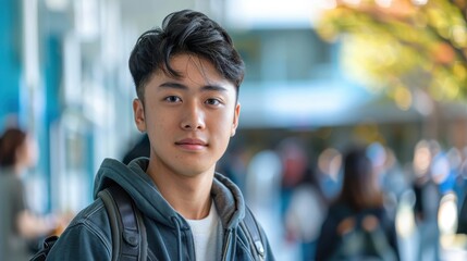 A backdrop of diverse colors illuminates an Asian student's introspective expression, marking his educational achievements