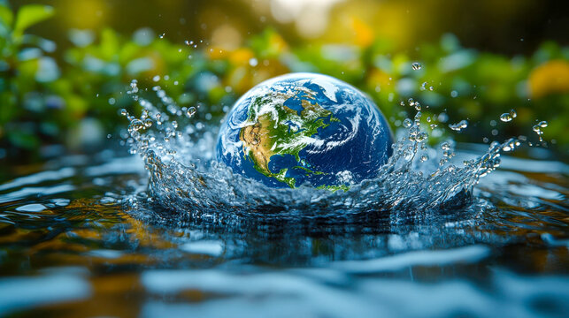 Earth splashing into water with droplets around, representing environmental awareness, sustainability, and water conservation in a vibrant, natural setting