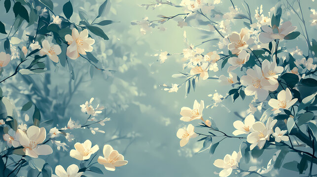 A soft, floral backdrop with delicate blossoms in muted hues, offering a gentle and romantic atmosphere. Romantic. Illustration