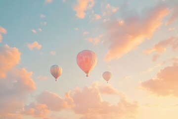 Obraz premium aerial view of hot air balloons on the peaceful sky with clouds and sunrise in the background, representing travel, adventure, freedom and floating