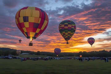 Naklejka premium aerial view of hot air balloons on the peaceful sky with clouds and sunrise in the background, representing travel, adventure, freedom and floating