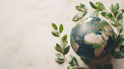 Globe surrounded by green leaves on a marble background.