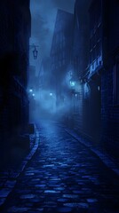A street in the Victorian era of London, a dark and sinister alleyway at night, cobblestone streets with brick buildings