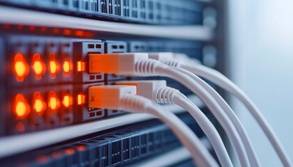 Close up of network cables connected to server with glowing lights, showcasing technology and connectivity