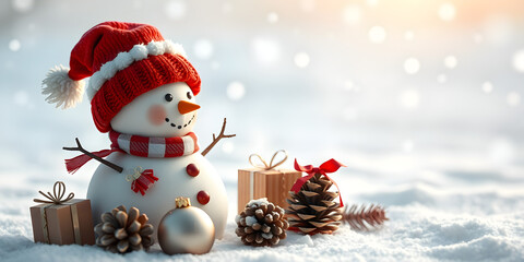 Snow man and Christmas tree. Christmas scene