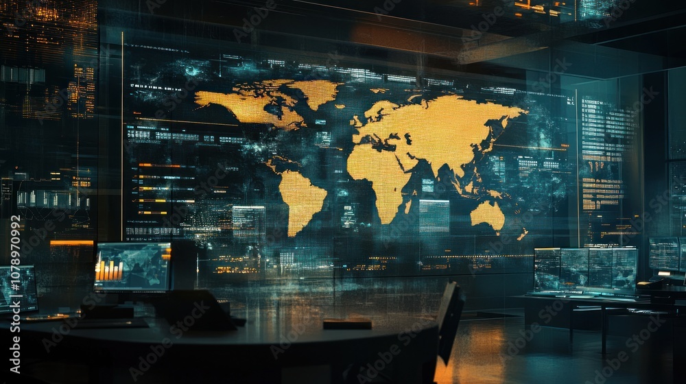 Poster a high-tech control room with a world map and data displays for monitoring global information.