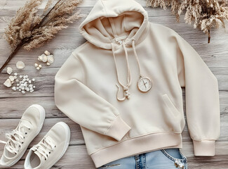 Beige hoodie, white sneakers, and blue jeans on a wooden background with dried flowers and white petals.
