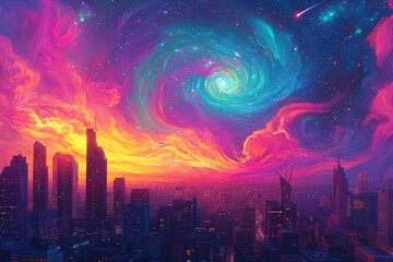 Obraz premium Colorful cityscape at sunset, with buildings melting into waves of bold neon colors under a swirling sky filled with stars and galaxies
