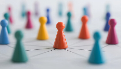Colorful game pieces arranged in circle, symbolizing connection and community. central orange piece stands out among others
