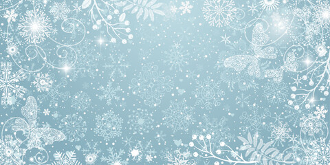 Vector Christmas frame with snowflakes, butterflies and berries on a silvery background