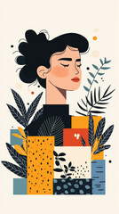 stylized portrait of woman surrounded by colorful abstract shapes and leaves, conveying sense of calm and creativity