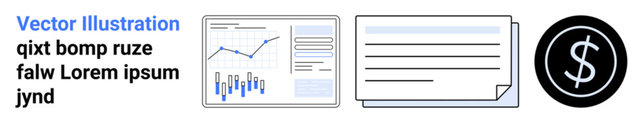 Business dashboard with charts, financial report, currency symbol, and text. Ideal for finance, analytics, business, reporting, dashboards data visualization infographics. Landing page