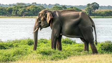 Fototapeta premium A large Asian elephant stands on the bank of a river with lush green grass and trees in the background.