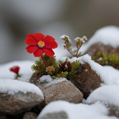 Petite fleur rouge et jaune poussant sur un rocher par temps neigeux