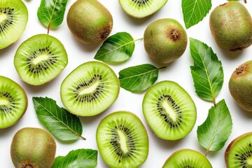 Fototapeta premium Vibrant kiwi halves placed artistically with fresh green leaves on a clean white background