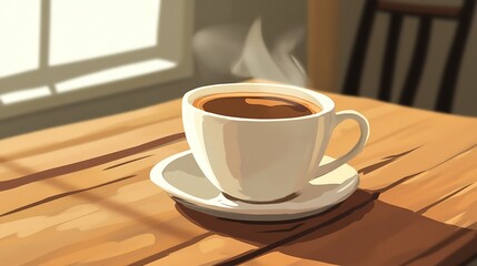a steaming cup coffee on a wooden table. Ideal for cozy cafe-themed illustrations.