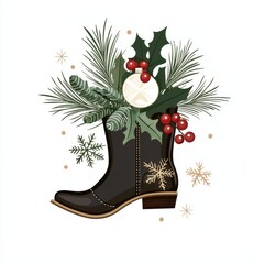 Western cowboy christmas clipart illustration. A festive boot adorned with holly, pine, and berries, capturing the spirit of Christmas and holiday cheer.