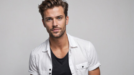 Obraz premium A young man with a beard and short brown hair poses for a photo in a white shirt