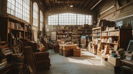 Obraz premium A spacious warehouse interior filled with bookshelves and stacks of books, bathed in warm sunlight streaming through large windows.