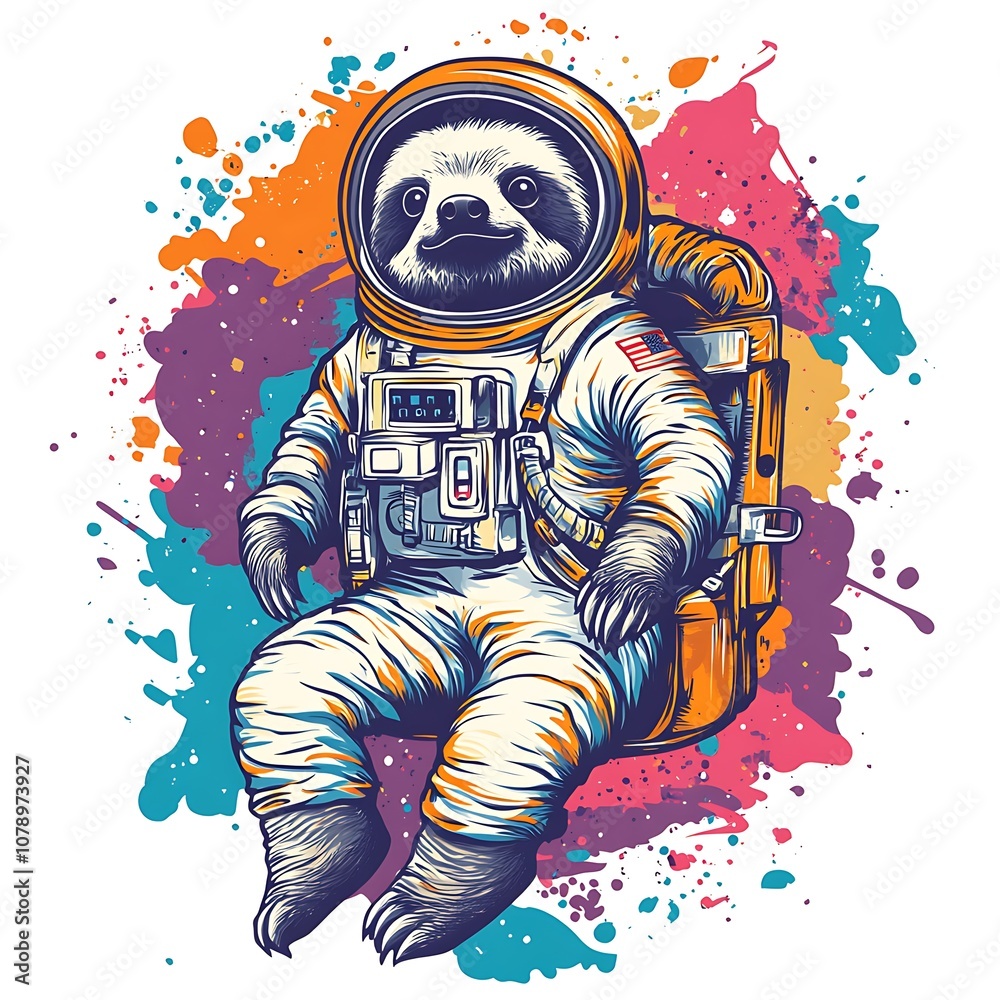 Poster a sloth wearing an astronaut suit against a colorful splattered background.