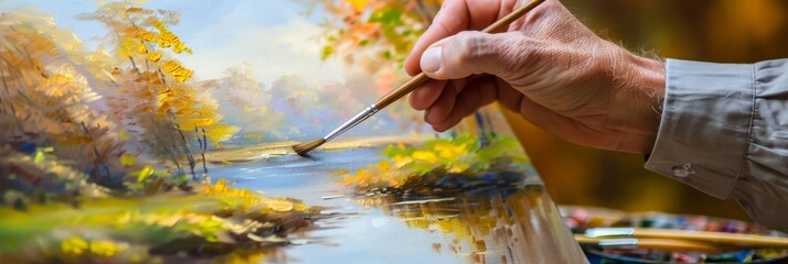 Obraz premium Artistic Precision Hand Painting a Serene Landscape on Canvas, Capturing Natures Beauty