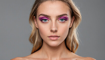 A woman with long blonde hair and bright purple eyeshadow looks directly at the camera