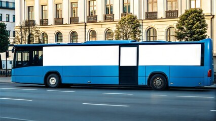 Obraz premium Modern Blue City Bus with Large White Advertising Mockup Space for Branding Display