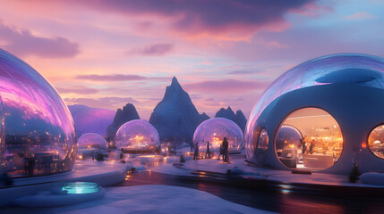 Sky-bound gelato stations, floating dessert lounges, bubble-dome dining areas, prismatic evening light