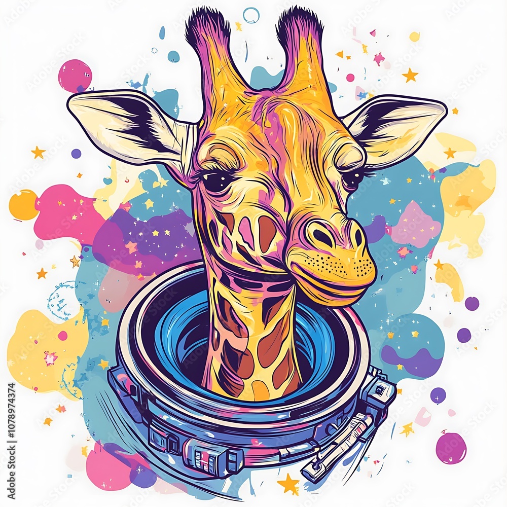 Poster smiling giraffe astronaut in space.